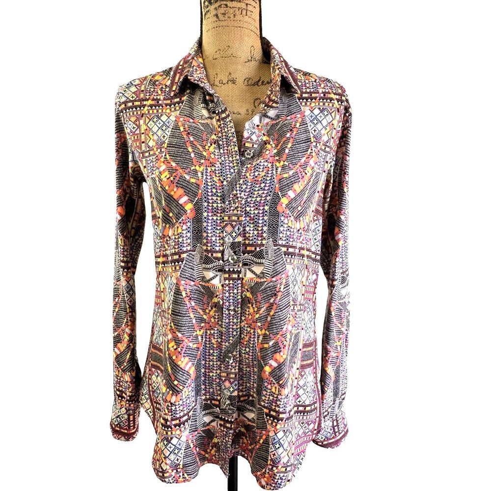 Mara Hoffman Womens Geometric Multicolor Long Sleeve Button Up Blouse Shirt Sz M
